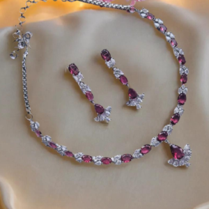 Silver Plated American Diamond Necklace Sets With Pink Stone - Garimas