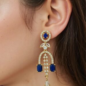 Gold Plated Blue Stone with American Diamond Earring - Garimas
