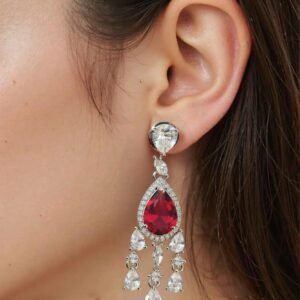 Red Stone with American Diamond studded contemporary drop earrings - Garimas