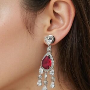 Red Stone with American Diamond studded contemporary drop earrings - Garimas