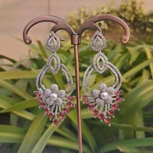 Pink American Diamond Studded Crystal Brass Drops & Danglers - Garimas