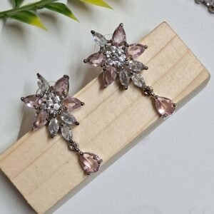 Silver Plated Aqua Pink Stone American Diamond Necklace Sets - Garimas