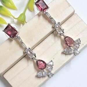 Silver Plated American Diamond Necklace Sets With Pink Stone - Garimas