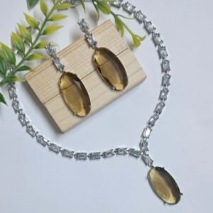 Silver Plated Aqua yellow Stone American Diamond Necklace Sets - Garimas