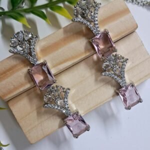 Silver Plated American Diamond Necklace Sets With Aqua Pink Stone - Garimas