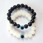 Evil Eye Black and White Glass Beads Bracelet , Stretchable Nazariya Charms  2 Pieces | Garimas