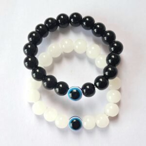 Evil Eye Black and White Glass Beads Bracelet , Stretchable Nazariya Charms  2 Pieces | Garimas