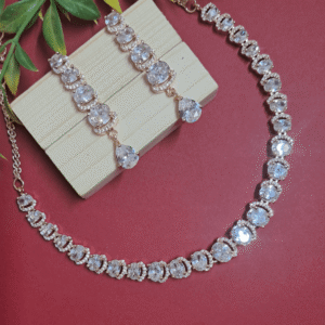 Rose Gold Plated American Diamond Necklace Sets With White Stone - Garimas