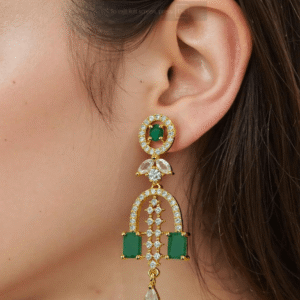 Gold Plated Green Stone with American Diamond Earring - Garimas