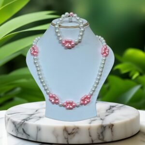 White and Pink  Beads Necklace and Bracelet Set for Girls | GARIMAS