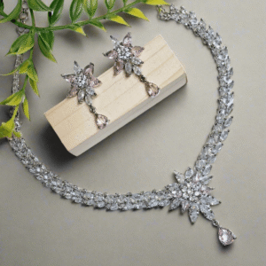 Silver Plated Aqua Pink Stone American Diamond Necklace Sets - Garimas