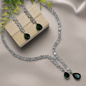 Silver Plated American Diamond Necklace Sets With Green Stone - Garimas