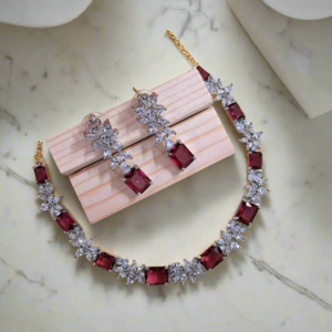 Silver Plated American Diamond Necklace Sets With Red Stone | Garimas Lifestyle