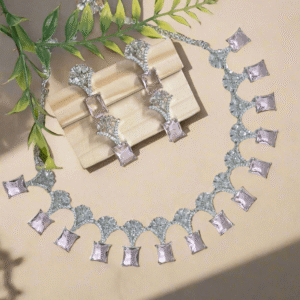Silver Plated American Diamond Necklace Sets With Aqua Pink Stone - Garimas