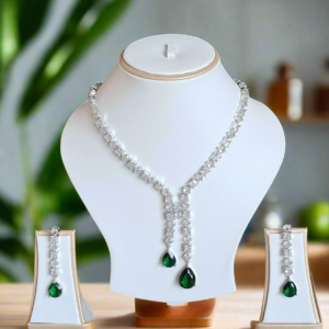 Silver Plated American Diamond Necklace Sets With Green Stone | Garimas Lifestyle