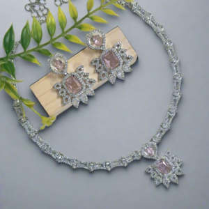 Silver Plated American Diamond Necklace Sets With Aqua Pink Stone - Garimas