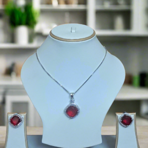 Rhodium-Plated Ruby & CZ Studded Pendant Necklace Set | Garimas Lifestyle