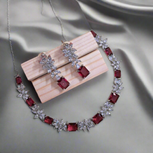 Silver Plated American Diamond Necklace Sets With Red Stone | Garimas Lifestyle