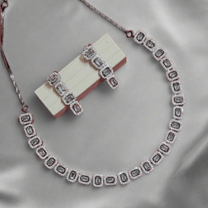 Black Rose Gold Plated American Diamond Necklace Sets With White Stone - Garimas