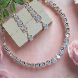 Rose Gold Plated American Diamond Necklace Sets With White Stone - Garimas