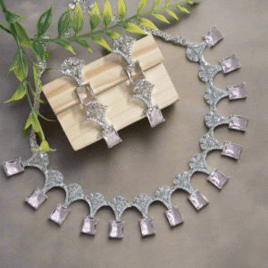 Silver Plated American Diamond Necklace Sets With Aqua Pink Stone - Garimas