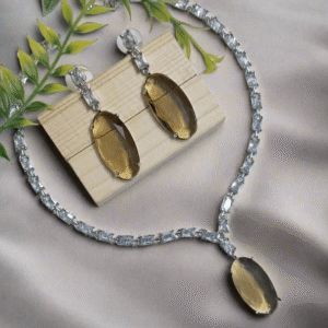 Silver Plated Aqua yellow Stone American Diamond Necklace Sets - Garimas