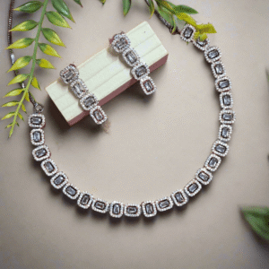 Black Rose Gold Plated American Diamond Necklace Sets With White Stone - Garimas