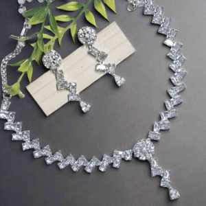 Silver Plated American Diamond Necklace Sets With White Stone - Garimas
