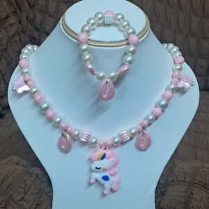 Baby Pink Pearl Beaded Unicorn Necklace and Bracelet Set for Girls | GARIMAS