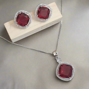 Rhodium-Plated Ruby & CZ Studded Pendant Necklace Set | Garimas Lifestyle