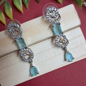 Silver Plated American Diamond Necklace Sets With Aqua Green Stone - Garimas