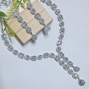 Silver Plated American Diamond Necklace Sets With White Stone - Garimas