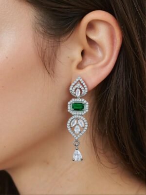 Green Stone with American Diamond Drop Earring - Garimas