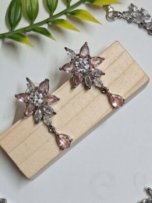 Silver Plated Aqua Pink Stone American Diamond Necklace Sets - Garimas