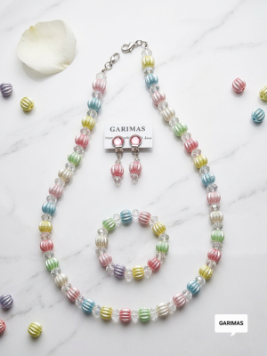 Pastel Rainbow Beaded Necklace, Bracelet & Earrings Set for Girls