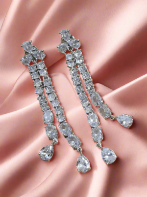 Silver-Plated Cubic Zirconia Studded Contemporary Drop Earrings |  Garimas